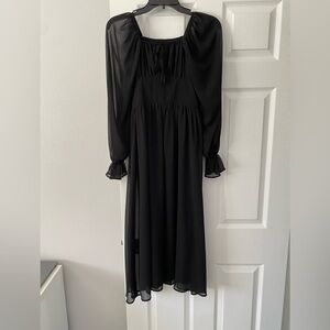Black Long Sleeve Smocked Midi Dress